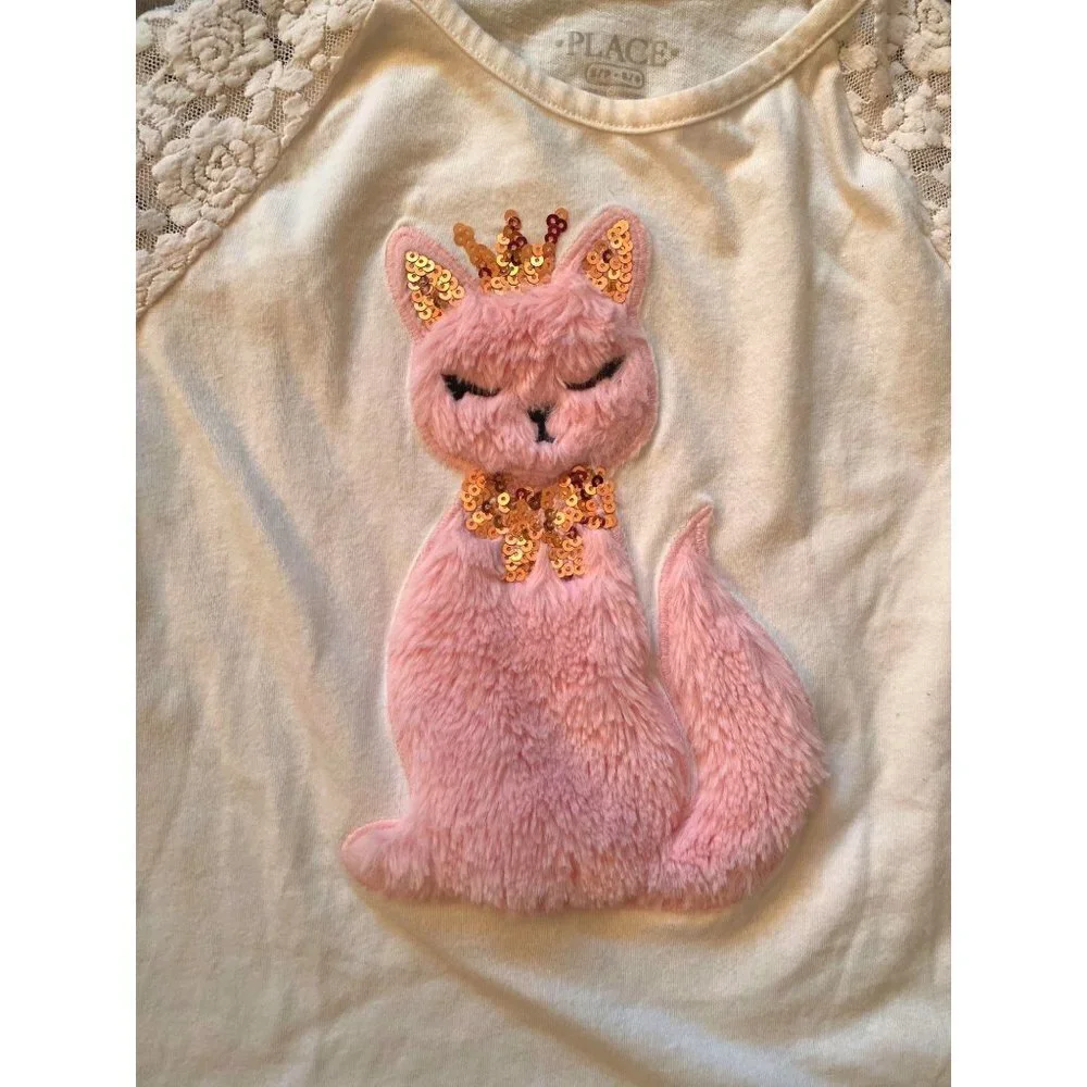 Purrfect‎ kitty fur princess applique raglan lace sleeves white tee Girls 5/6